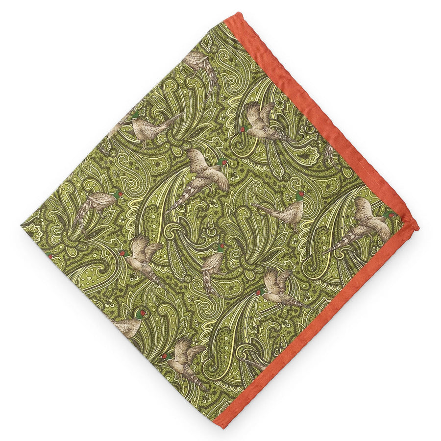 Multi-Color Paisley Birds: Silk Pocket Square - Red