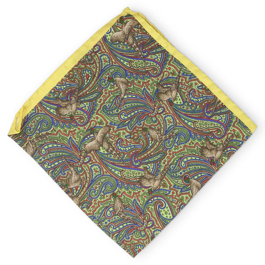 Multi-Color Paisley Birds: Silk Pocket Square - Yellow