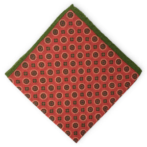 Medallions: Silk/Wool Pocket Square - Green/Coral