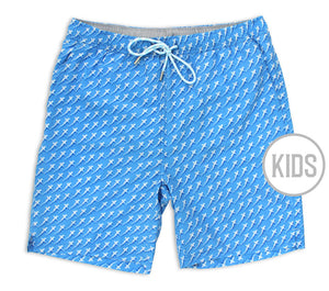 Reef Shark Rally: Kid's Swim Trunks - Light Blue