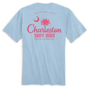 Skiff Dogs Hometown: Pocket Short Sleeve T-Shirt - Chambray/Fuchsia