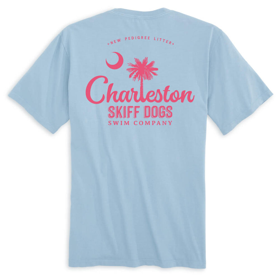 Skiff Dogs Hometown: Pocket Short Sleeve T-Shirt - Chambray/Fuchsia