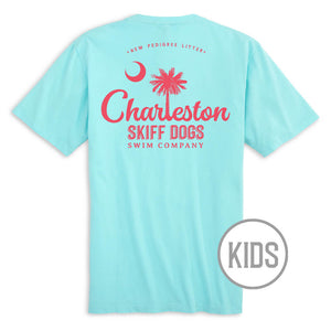 Skiff Dogs Hometown: Kid's Short Sleeve T-Shirt - Aquamarine/Fuchsia