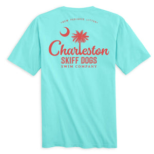 Skiff Dogs Hometown: Pocket Short Sleeve T-Shirt - Aquamarine/Red